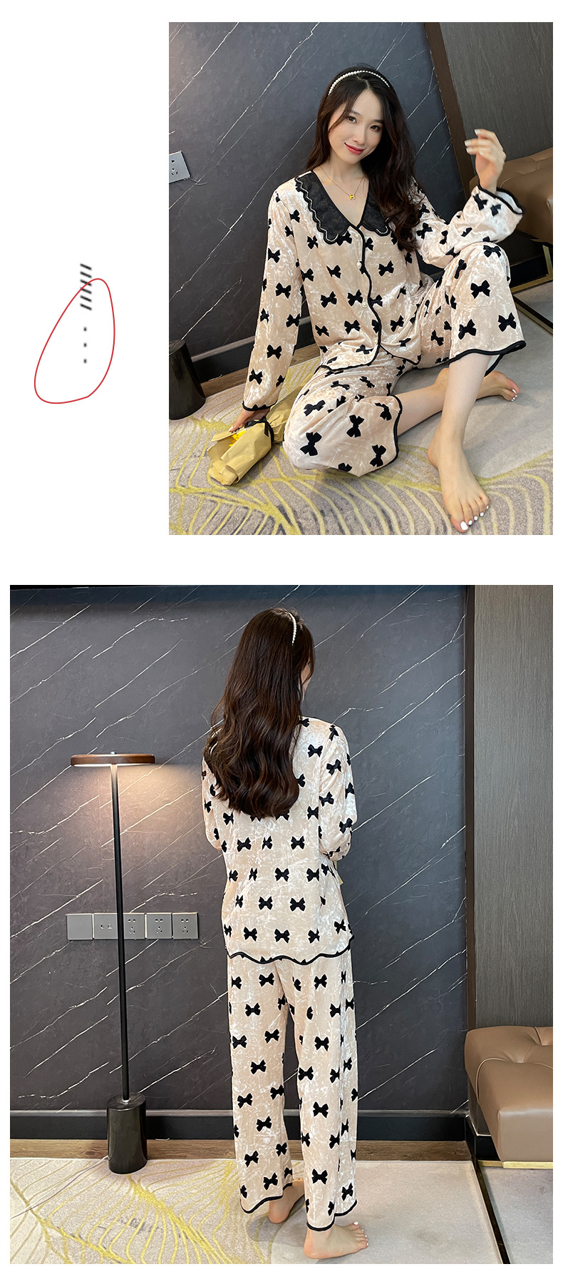 Gold Velvet Pajamas Women's Butterfly Pattern Cute Pajamas TikTok Hot Long-Sleeved Trousers Women's Pajamas