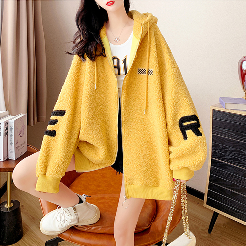 Large Size Women&#039;s Clothing New Hooded Imitation Lamb Wool Cardigan Sweater Women&#039;s Autumn and Winter Fleece-Lined Mid-Length Coat