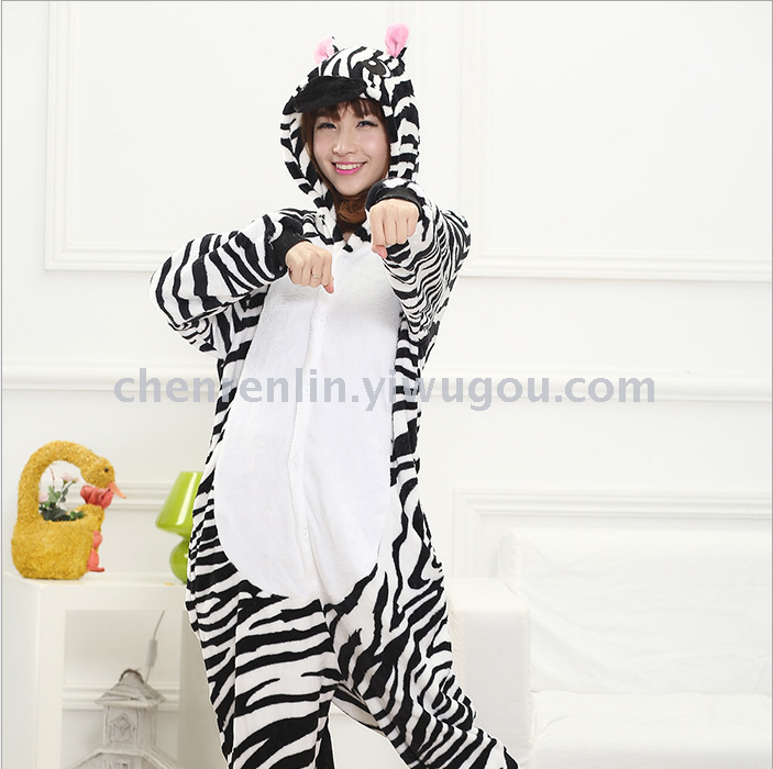 Cute men and women flannel couples models long - sleeved cartoon animals Siamese pajamas zebra toilet version