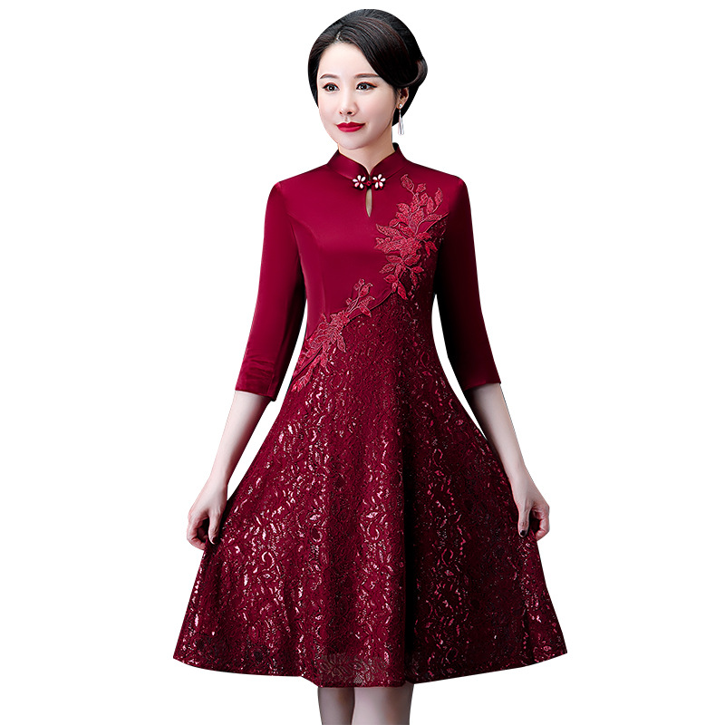 Spring Mother-in-Law Wedding Dress Improved Banquet Women&#039;s Clothes Cheongsam Embroidered Mid-Length Wedding Mother-in-Law Dress