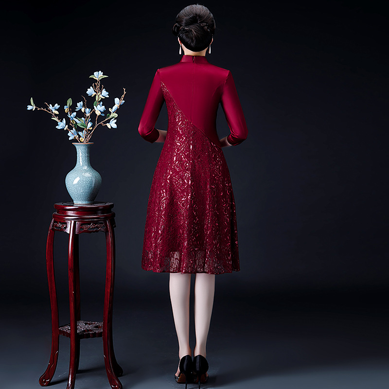Spring Mother-in-Law Wedding Dress Improved Banquet Women&#039;s Clothes Cheongsam Embroidered Mid-Length Wedding Mother-in-Law Dress