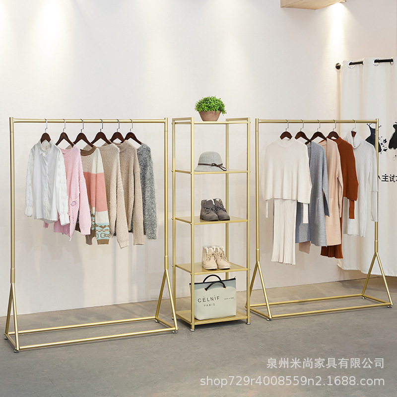 Women&#039;s Clothing Store Display Stand Golden Display Rack Hanger Side Hanging Shelf Floor Wrought Iron Clothes Rack