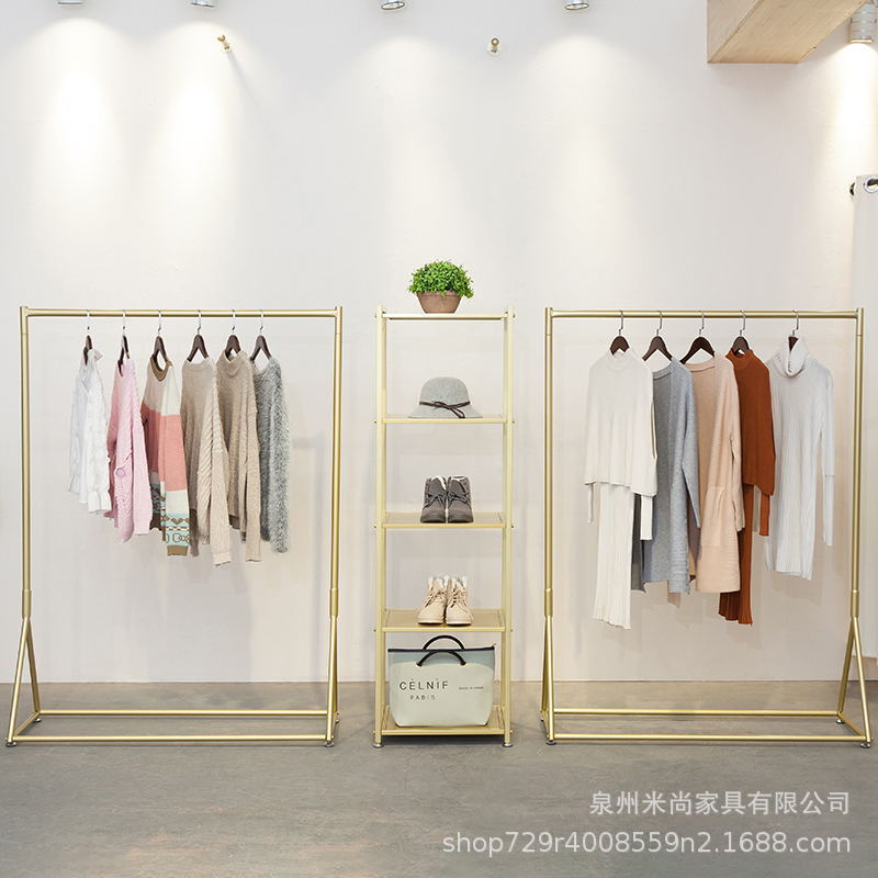 Women&#039;s Clothing Store Display Stand Golden Display Rack Hanger Side Hanging Shelf Floor Wrought Iron Clothes Rack