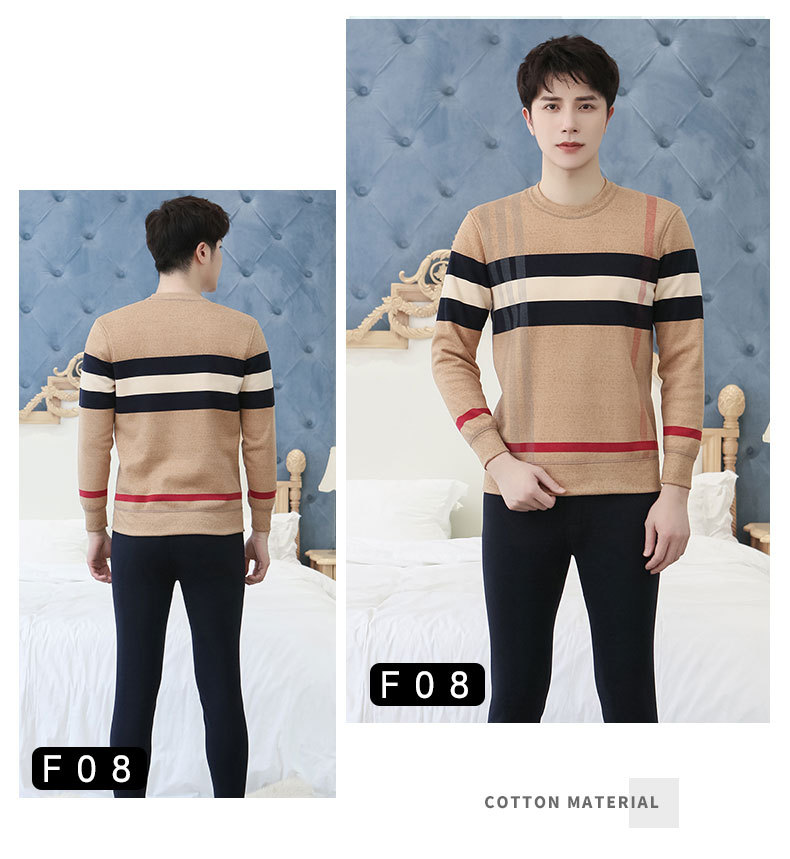 New Winter Men's Fleece Lined Padded Warm Keeping Underwear Set Youth Can Wear outside Lambswool Printed Autumn Clothes Long Pants