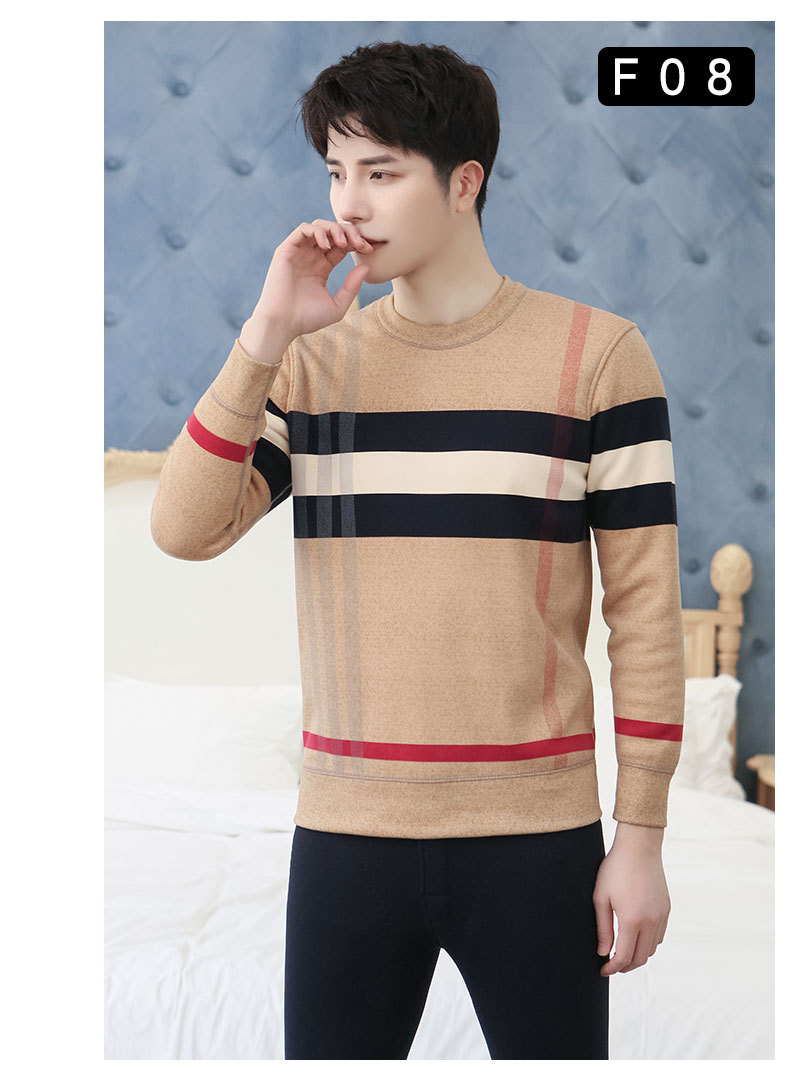 New Winter Men's Fleece Lined Padded Warm Keeping Underwear Set Youth Can Wear outside Lambswool Printed Autumn Clothes Long Pants