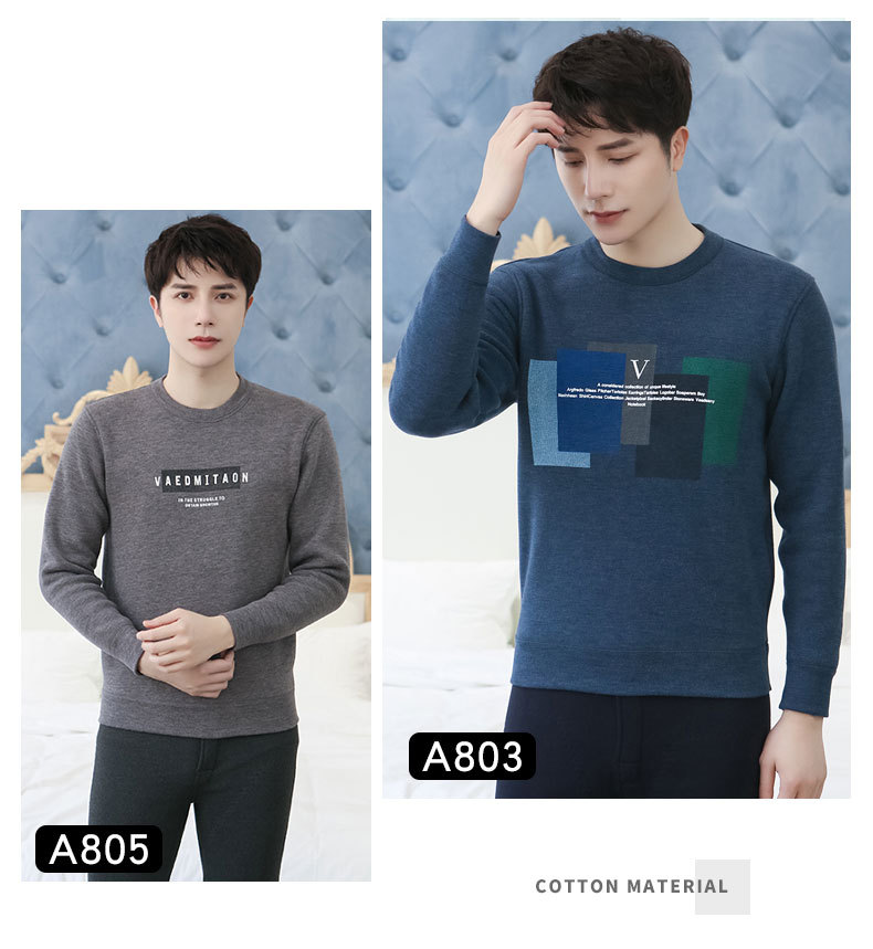 New Winter Men's Fleece Lined Padded Warm Keeping Underwear Set Youth Can Wear outside Lambswool Printed Autumn Clothes Long Pants