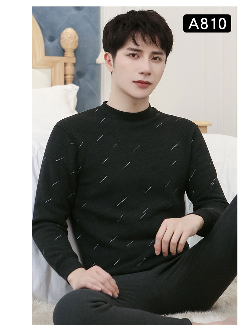 New Winter Men's Fleece Lined Padded Warm Keeping Underwear Set Youth Can Wear outside Lambswool Printed Autumn Clothes Long Pants