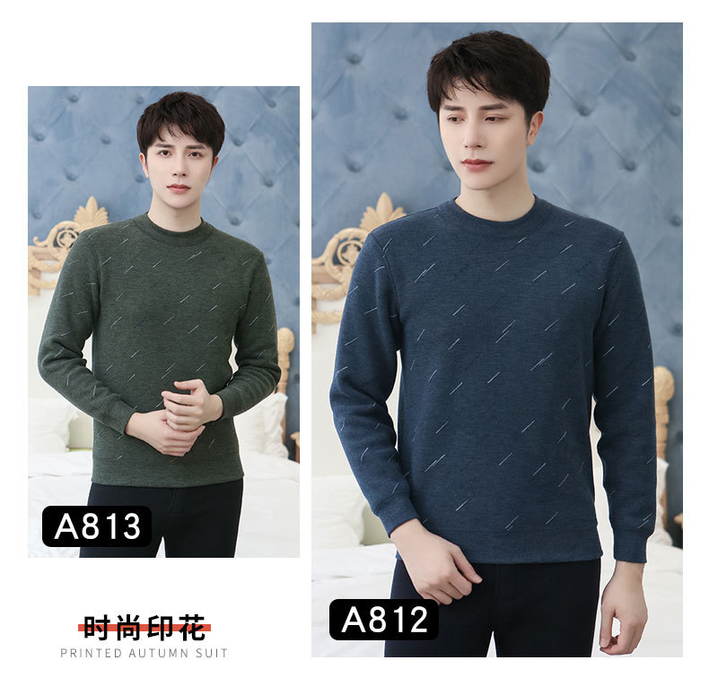 New Winter Men's Fleece Lined Padded Warm Keeping Underwear Set Youth Can Wear outside Lambswool Printed Autumn Clothes Long Pants