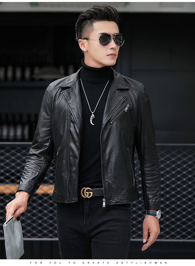 202 Autumn New Haining Sheep Genuine Leather Clothes Men's Slim Single Leather Jacket Casual Suit Collar Coat Fashion