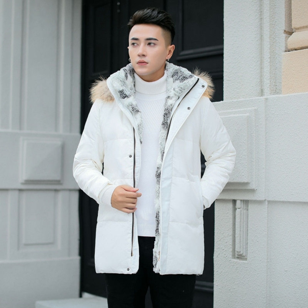 Fur down Jacket Thickened Men's and Women's Mid-Length Korean Style Winter Clothes Rabbit Fur Collar Youth Fashionable Warm Jacket off-Season Fur down Jacket Thickened Men's and Women's Mid-Length Korean Style Winter Clothes Rabbit Fur Collar Youth Fashionable Warm Jacket off-Season