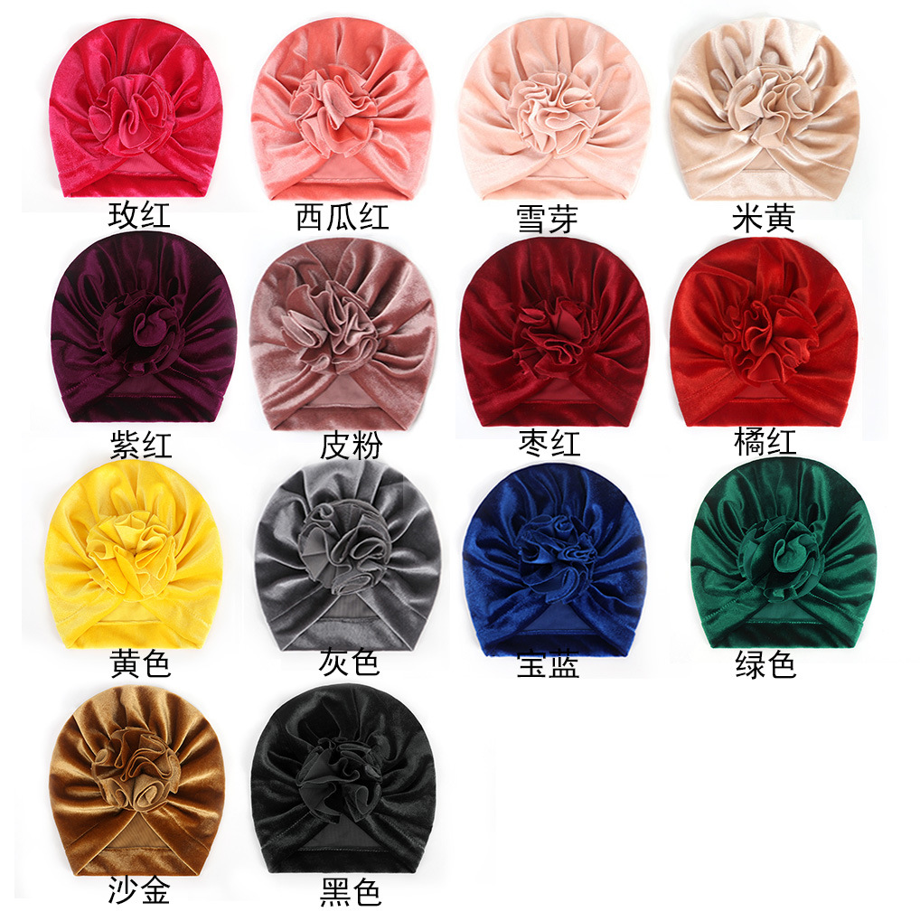 14 Colors Foreign Trade New Children Sleeve Cap Baby Autumn and Winter Gold Velvet Knitted Fabric Pleated Flower Indian Hat 14 Colors Foreign Trade New Children Sleeve Cap Baby Autumn and Winter Gold Velvet Knitted Fabric Pleated Flower Indian Hat