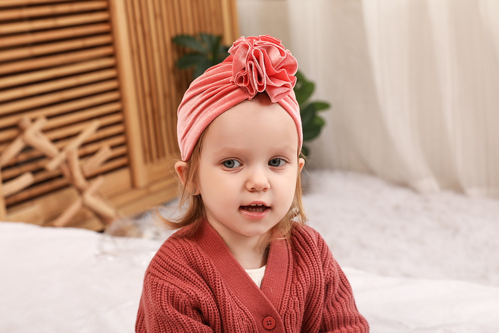 14 Colors Foreign Trade New Children Sleeve Cap Baby Autumn and Winter Gold Velvet Knitted Fabric Pleated Flower Indian Hat 14 Colors Foreign Trade New Children Sleeve Cap Baby Autumn and Winter Gold Velvet Knitted Fabric Pleated Flower Indian Hat