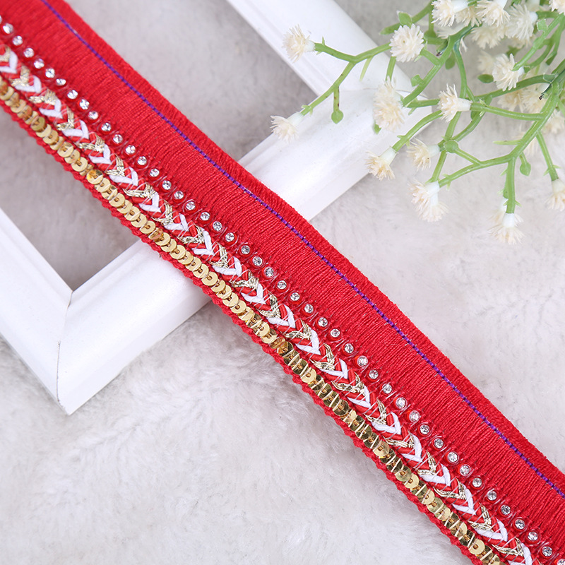 National wind box and bag edge decoration polyester fringed jacquard ribbon with diamond garment accessories can be customized National wind box and bag edge decoration polyester fringed jacquard ribbon with diamond garment accessories can be customized