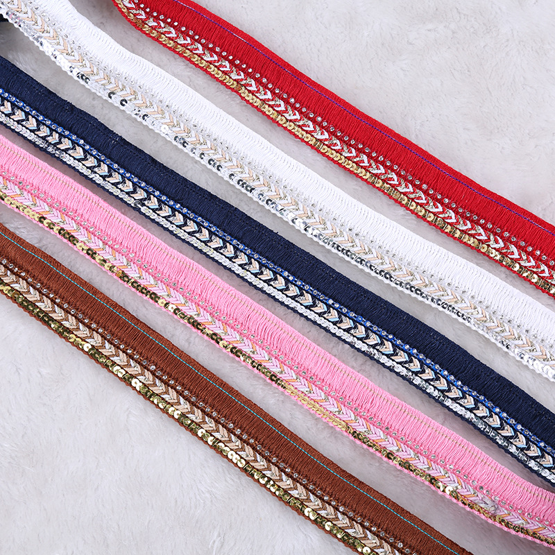 National wind box and bag edge decoration polyester fringed jacquard ribbon with diamond garment accessories can be customized National wind box and bag edge decoration polyester fringed jacquard ribbon with diamond garment accessories can be customized