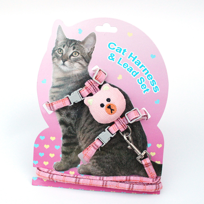 New Cat Pulling Rope I-Shaped Cat Chain Dog Leash Cute Bear Head Pet's Chest-Back Traction Belt Wholesale