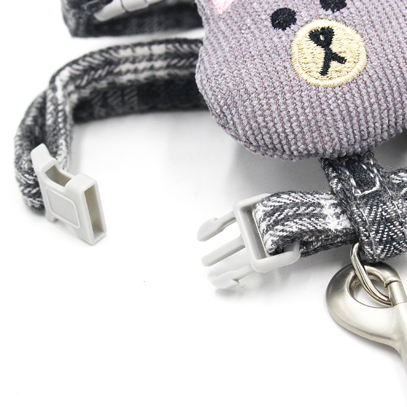 New Cat Pulling Rope I-Shaped Cat Chain Dog Leash Cute Bear Head Pet's Chest-Back Traction Belt Wholesale