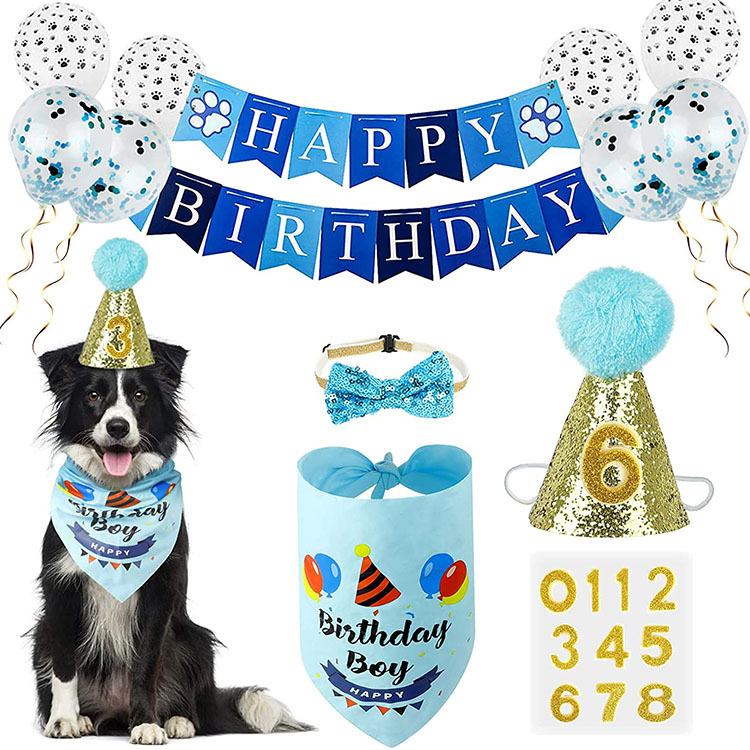 Pet Birthday Hat Saliva Towel Hanging Flag Scarf Bow Tie Balloon Set Dog Party Decoration Set