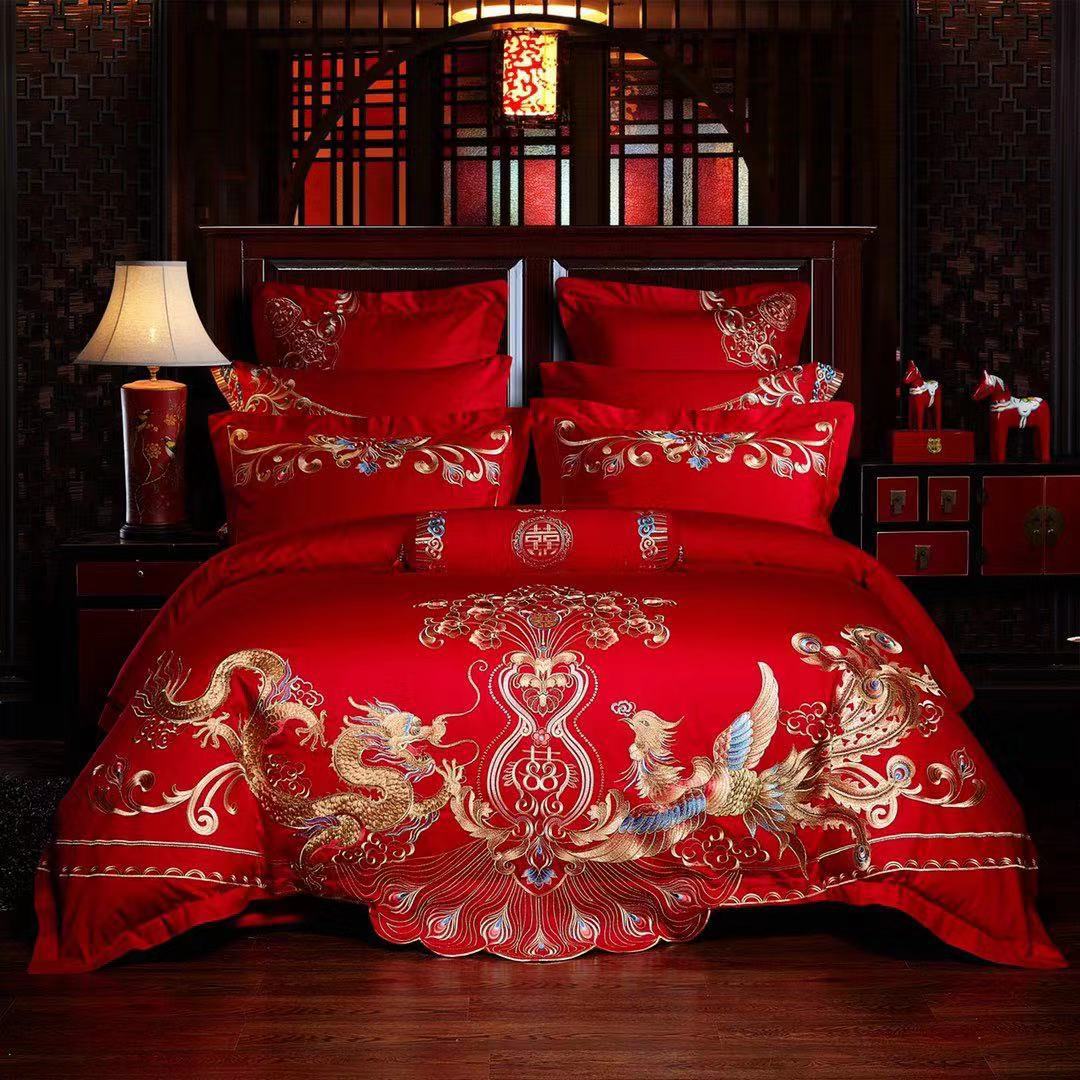 Direct Sales Wedding Embroidery Wedding Four-Piece Jacquard Red Wedding Match Sets-Piece Cotton Bedding Wedding bedding