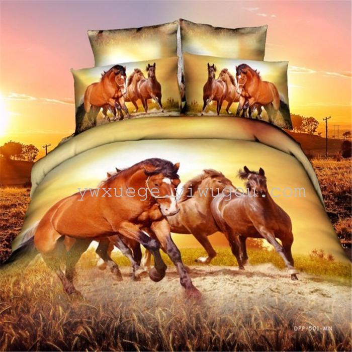 Horse blow four-piece 3D reactive dye printing of cotton four piece Super icing wedding bedding Snow Bird House textiles Horse blow four-piece 3D reactive dye printing of cotton four piece Super icing wedding bedding Snow Bird House textiles