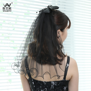 Halloween Black Veil Bride the Wedding Party Internet Famous Photo Taking Props Single Yarn Curling Bow Veil Halloween Black Veil Bride the Wedding Party Internet Famous Photo Taking Props Single Yarn Curling Bow Veil