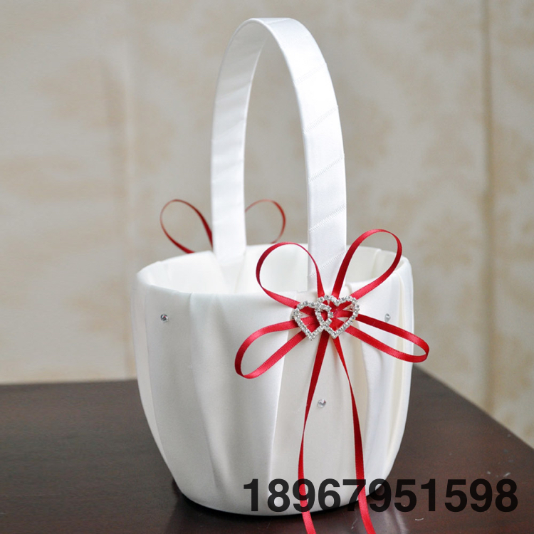 Amazon European and American Bow Doppel Herz Diamond Bride European Wedding Flower Basket White Wedding Flower Basket