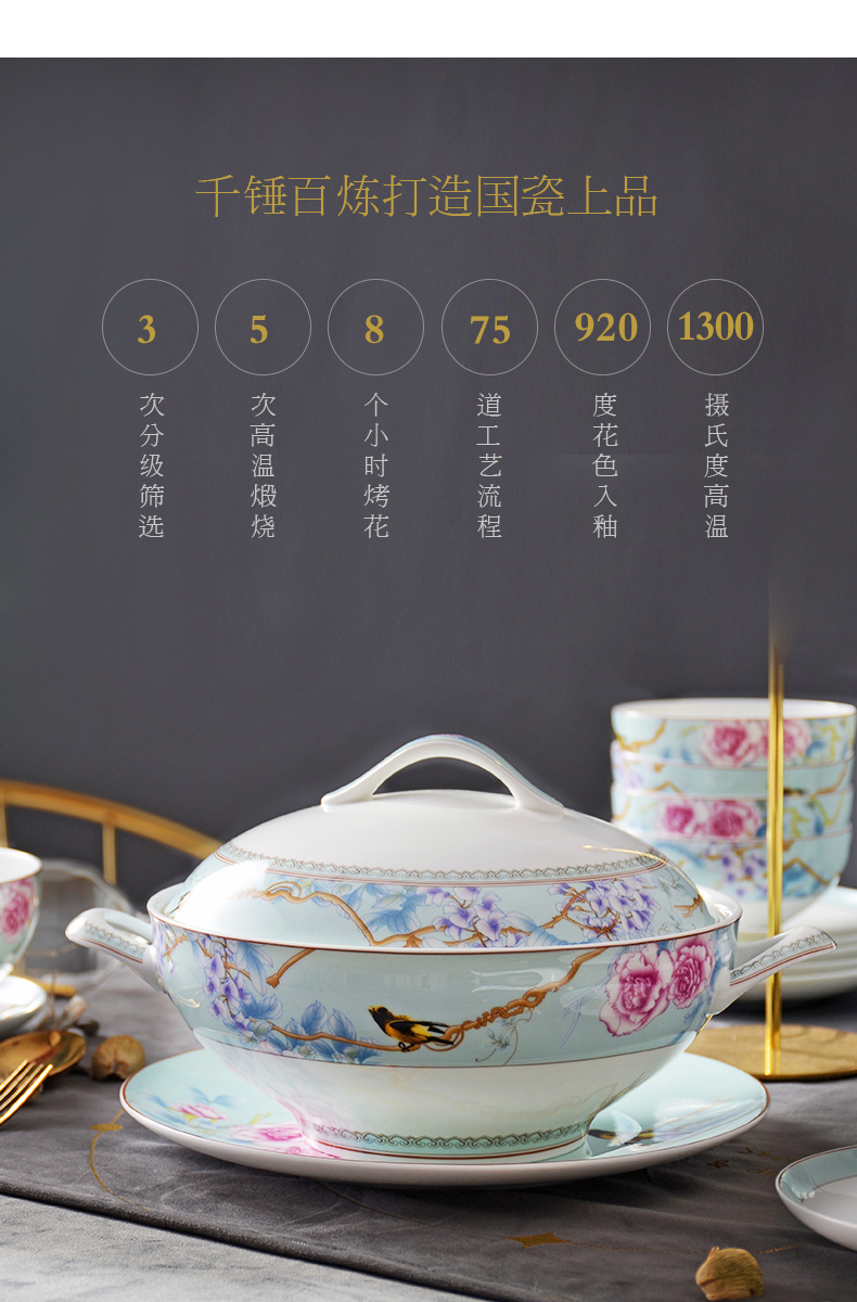 Huaguang Porcelain Bowl and Dish Set Household Bone China Tableware Suit Combination Light Luxury Chinese Wedding Gift Rich Peony