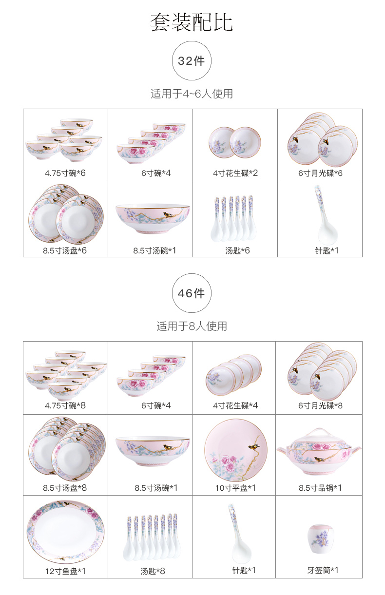 Huaguang Porcelain Bowl and Dish Set Household Bone China Tableware Suit Combination Light Luxury Chinese Wedding Gift Rich Peony