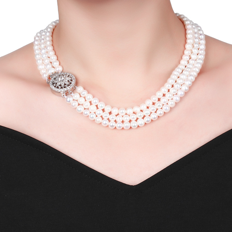 Natural Freshwater Pearl Necklace Women's Fashion ThreeLayer Pearl Necklace MidAutumn Festival Gift for Mother