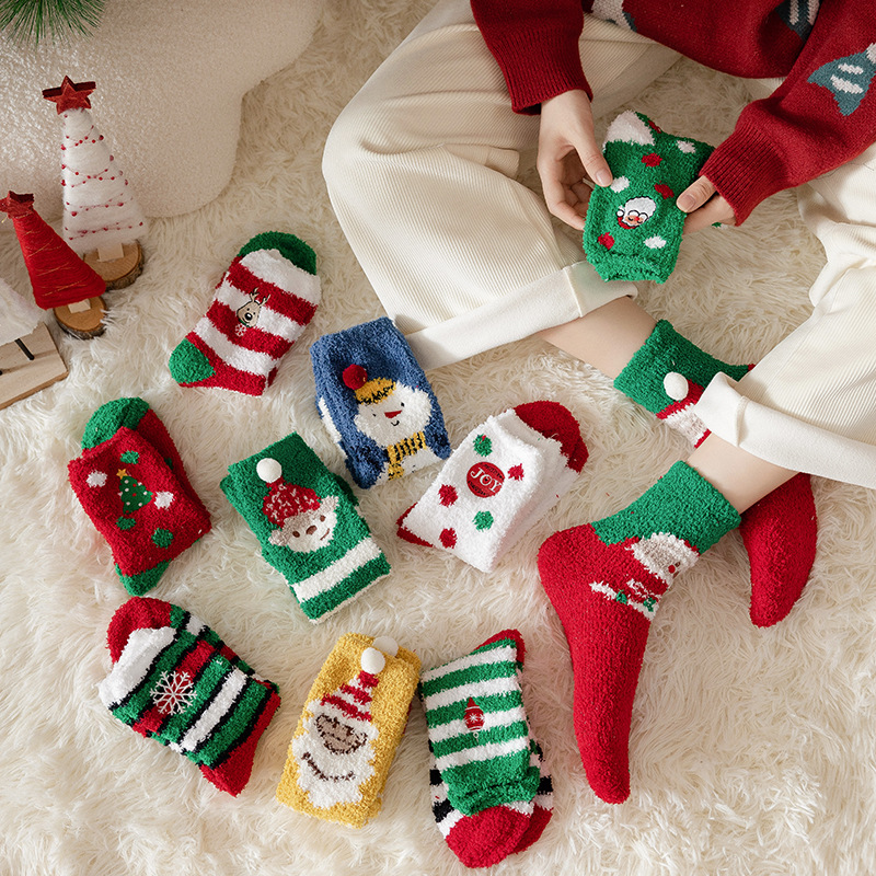 INS Trendy Christmas Coral Fleece Socks Gift Box Christmas Ball Gift Thickened Cartoon Sleeping Socks Cross-Border Delivery