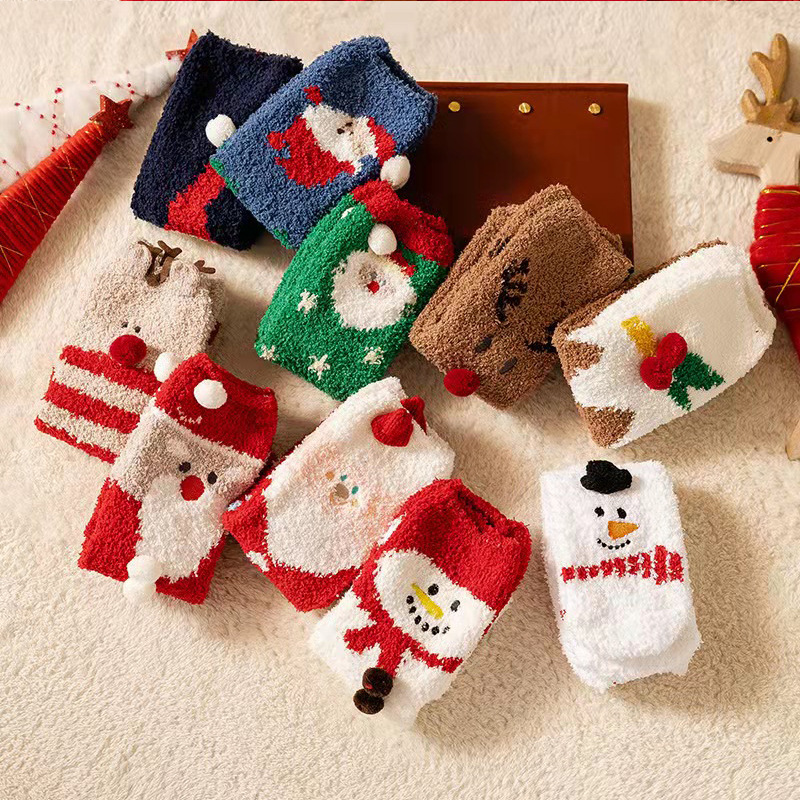 INS Trendy Christmas Coral Fleece Socks Gift Box Christmas Ball Gift Thickened Cartoon Sleeping Socks Cross-Border Delivery