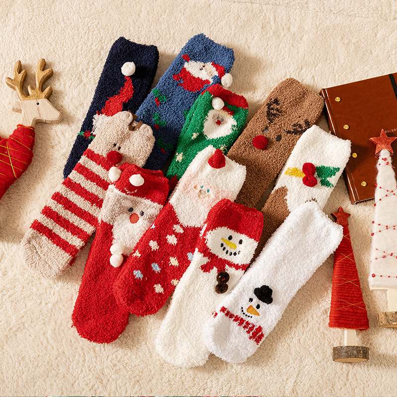 INS Trendy Christmas Coral Fleece Socks Gift Box Christmas Ball Gift Thickened Cartoon Sleeping Socks Cross-Border Delivery