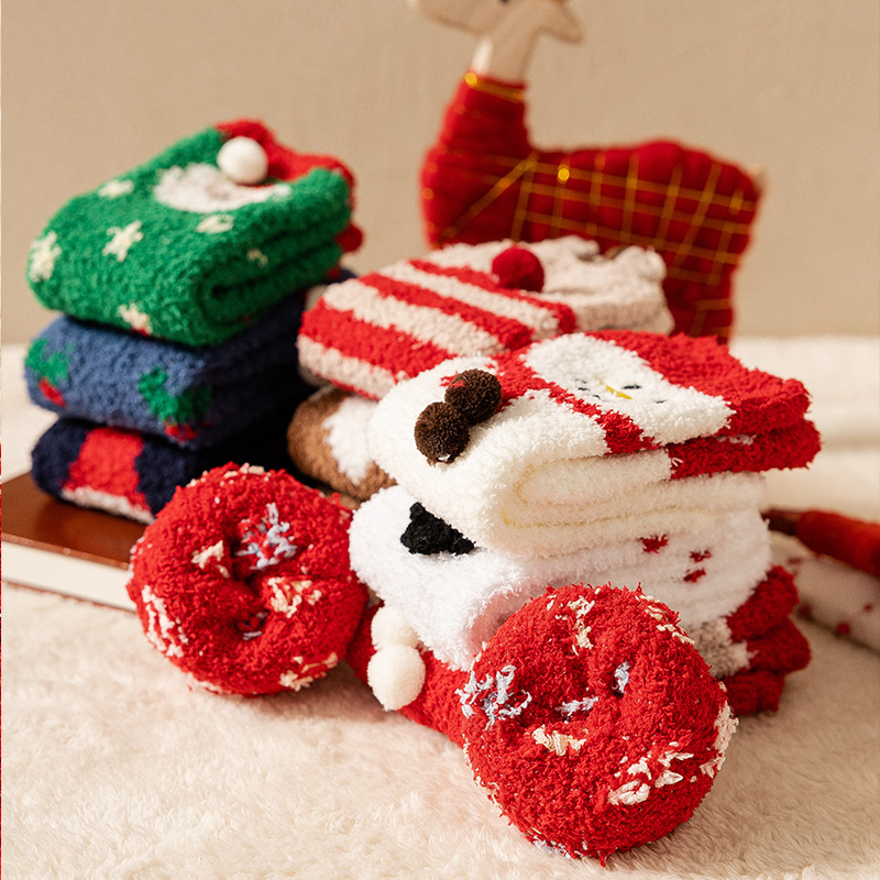 INS Trendy Christmas Coral Fleece Socks Gift Box Christmas Ball Gift Thickened Cartoon Sleeping Socks Cross-Border Delivery