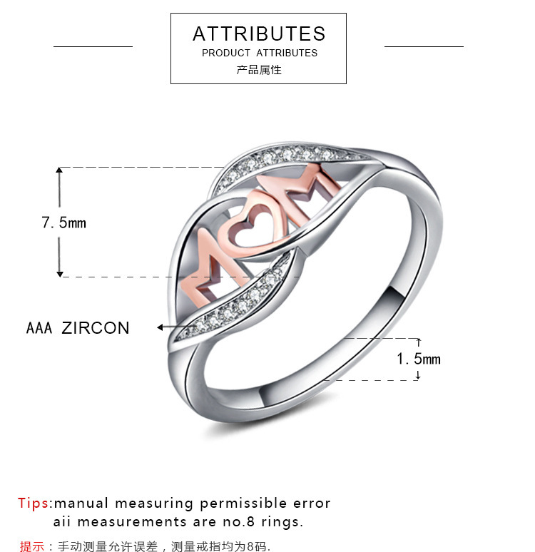 Non-Alloy Mom Ring Mother Gift Letter Rose Gold Plated Opal Christmas Mom Ring Heart-Shaped Accessories