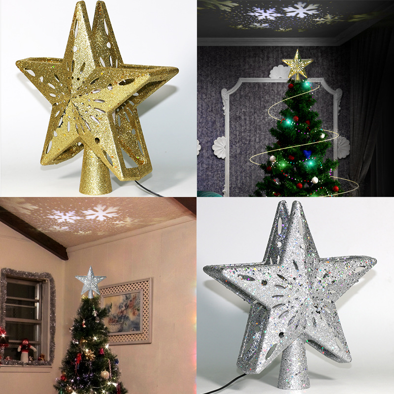 Cross-Border Led Projection Lamp Tree-Top Star 3D Rotating Blizzard Five-Pointed Star Christmas tree lights