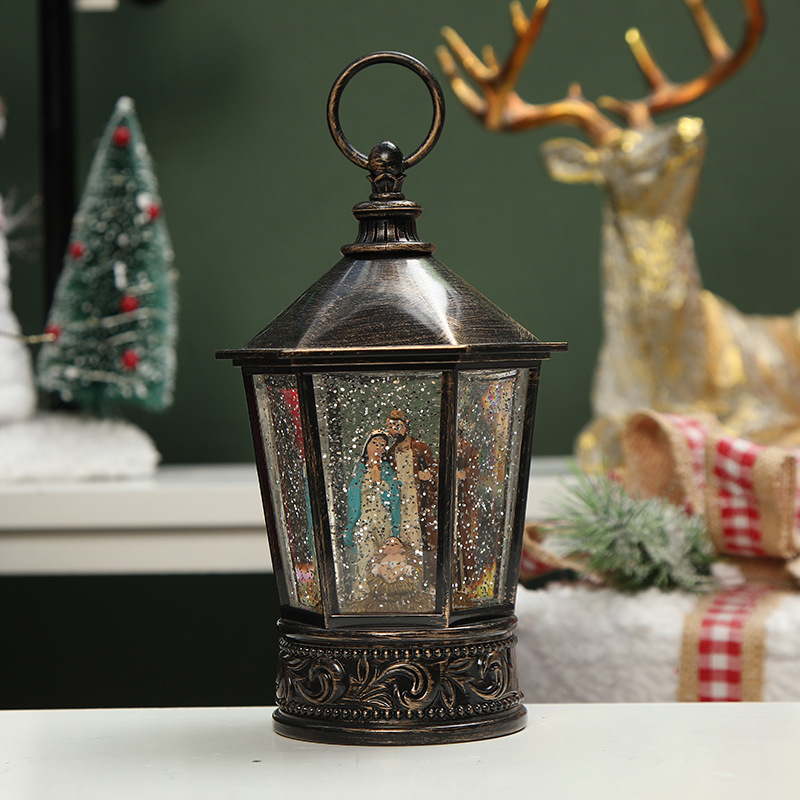 Christmas Hexagonal Storm Lantern Decoration Scene Layout Santa Claus Snowman Store Shop Dress up Birthday Gift
