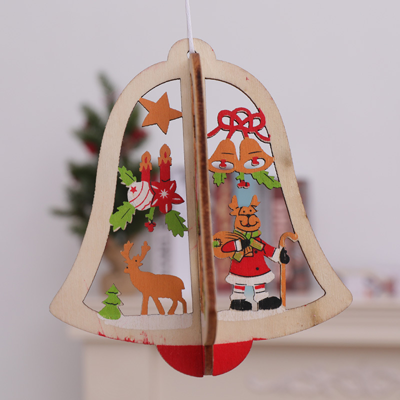 Christmas Tree Pendants Wooden Creative Three-dimensional Christmas Tree Bell Five-Pointed Star Birthday Party Playground Dress-up