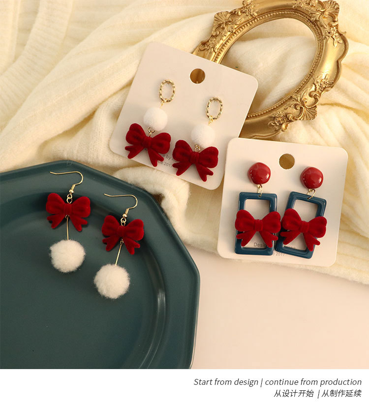 Silver Needle Winter New New New Year Spring Festival Red Velvet Bow Gentle Wool Ball Ear Studs Girly Style Earrings Jewelry