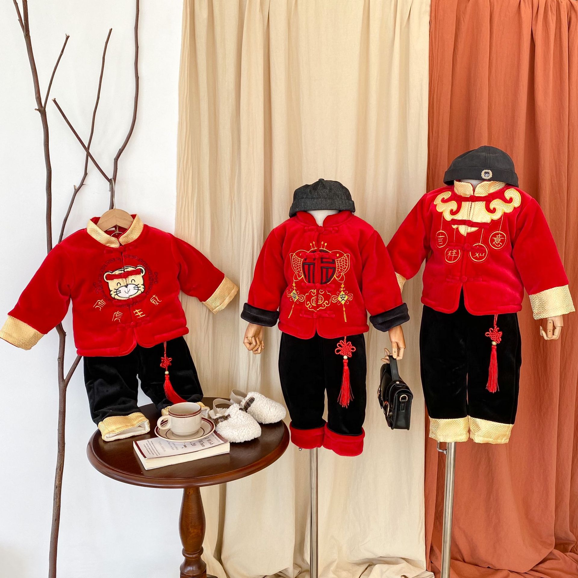 Children&#039;s New Spring Festival Men&#039;s and Women&#039;s Baby plus Velvet Thickened Two-Piece Suit Elegant Chinese Style Satin Embroidery New Year New Year Clothes