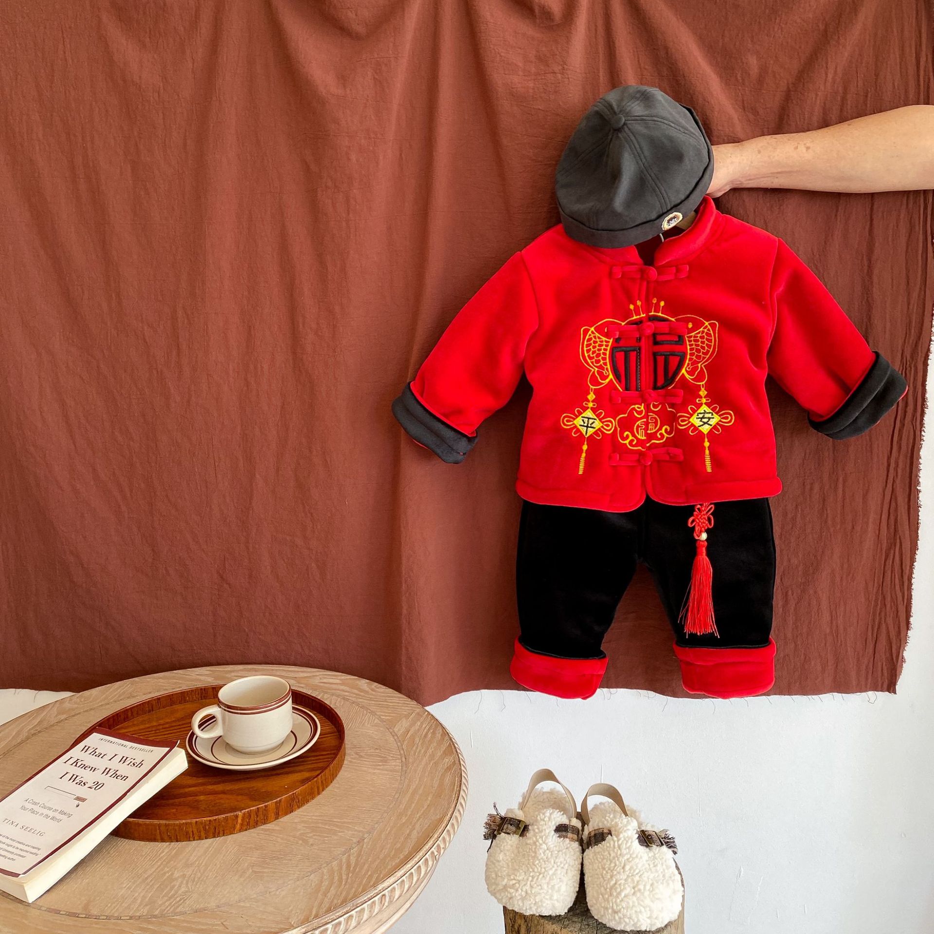 Children&#039;s New Spring Festival Men&#039;s and Women&#039;s Baby plus Velvet Thickened Two-Piece Suit Elegant Chinese Style Satin Embroidery New Year New Year Clothes