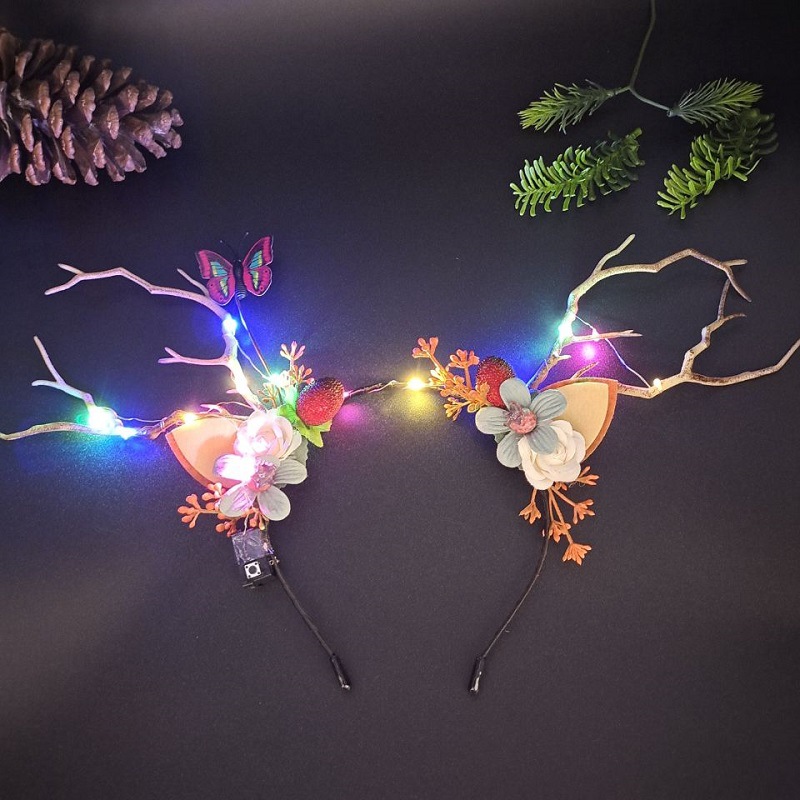 Luminous Antlers Headband Cross-Border New Arrival Christmas Headband Elk Berry Cat Ears Headdress Factory Wholesale
