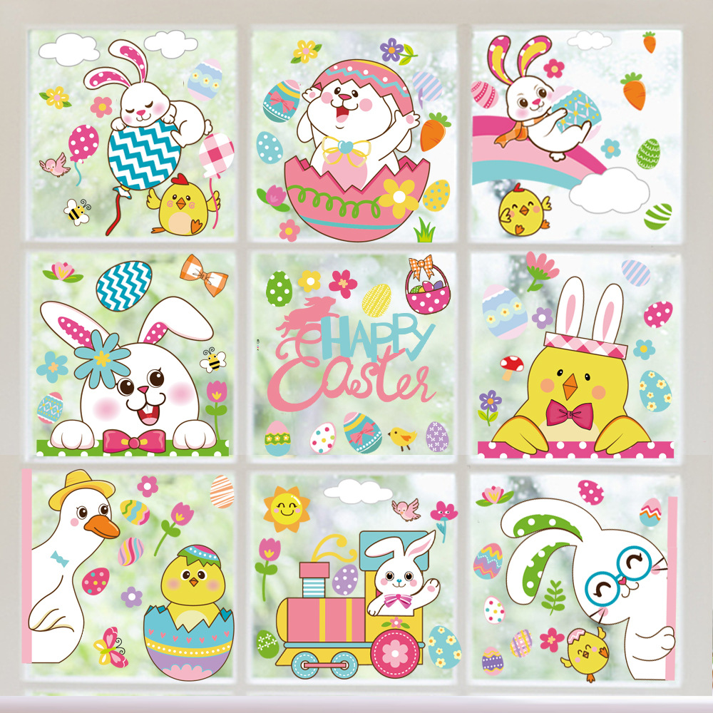 Cross-Border Amazon Easter Stickers Rabbit Egg Cute Cartoon Wall Stickers Easter Decorative Static Stickers