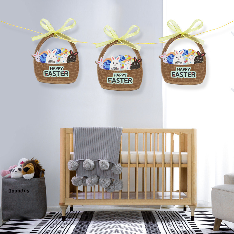 Amazon Hot Easter Wooden Decorative Ornaments Home Printing Easter Egg Basket Party Decorations