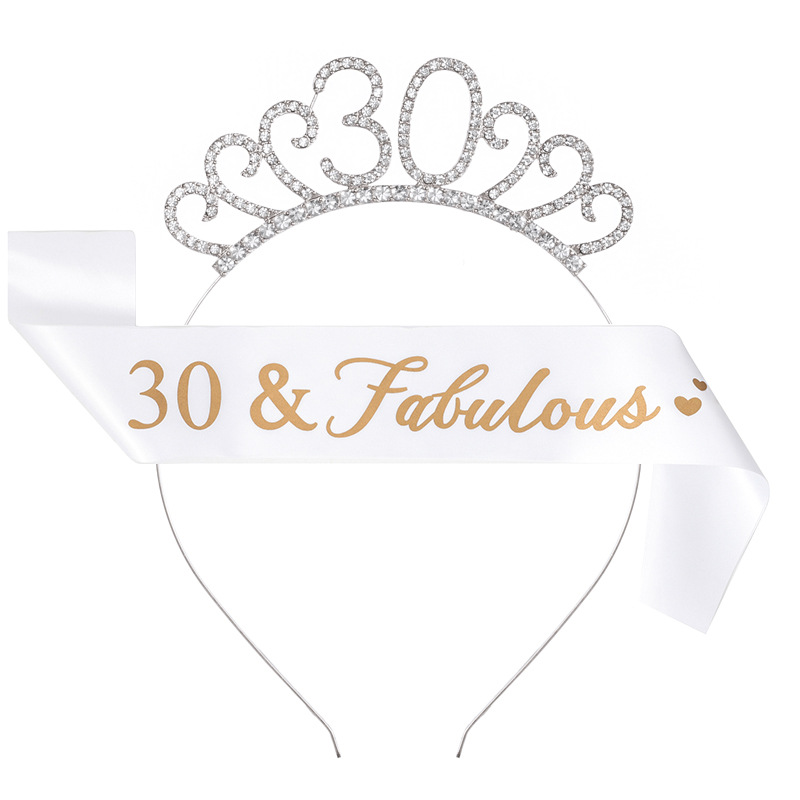 Birthday Party Number Crown Hair Clasp Shoulder Strap Etiquette Belt Set 18 21 30 40 50 60 70 Three Colors