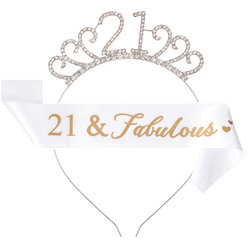 Birthday Party Number Crown Hair Clasp Shoulder Strap Etiquette Belt Set 18 21 30 40 50 60 70 Three Colors