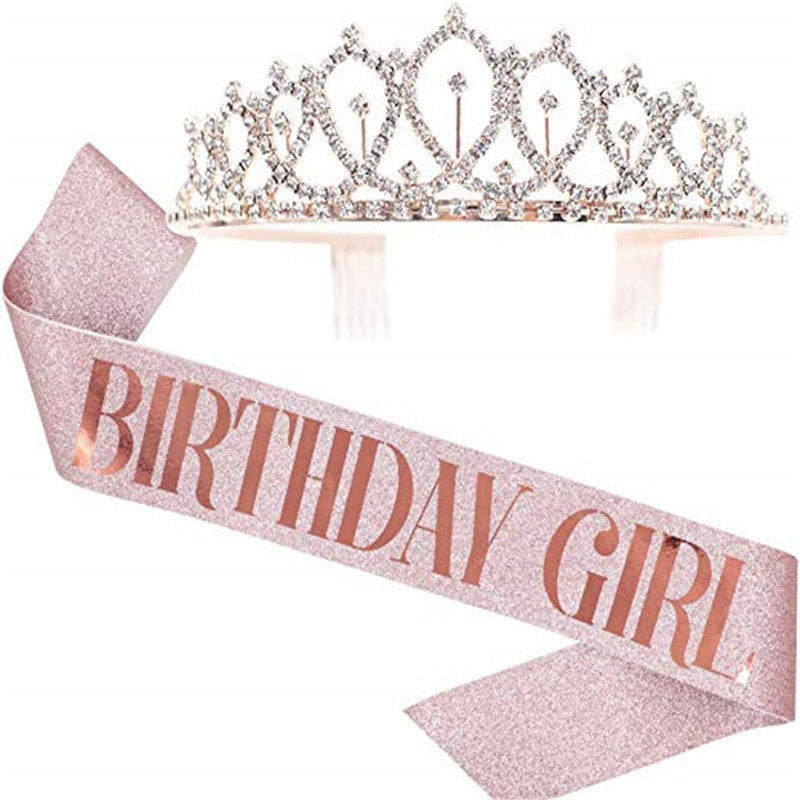 Hot Sale Birthday Party Shoulder Strap Set Birthday Girl Ceremony Band Crown Rose Gold Powder Cloth Shoulder Strap