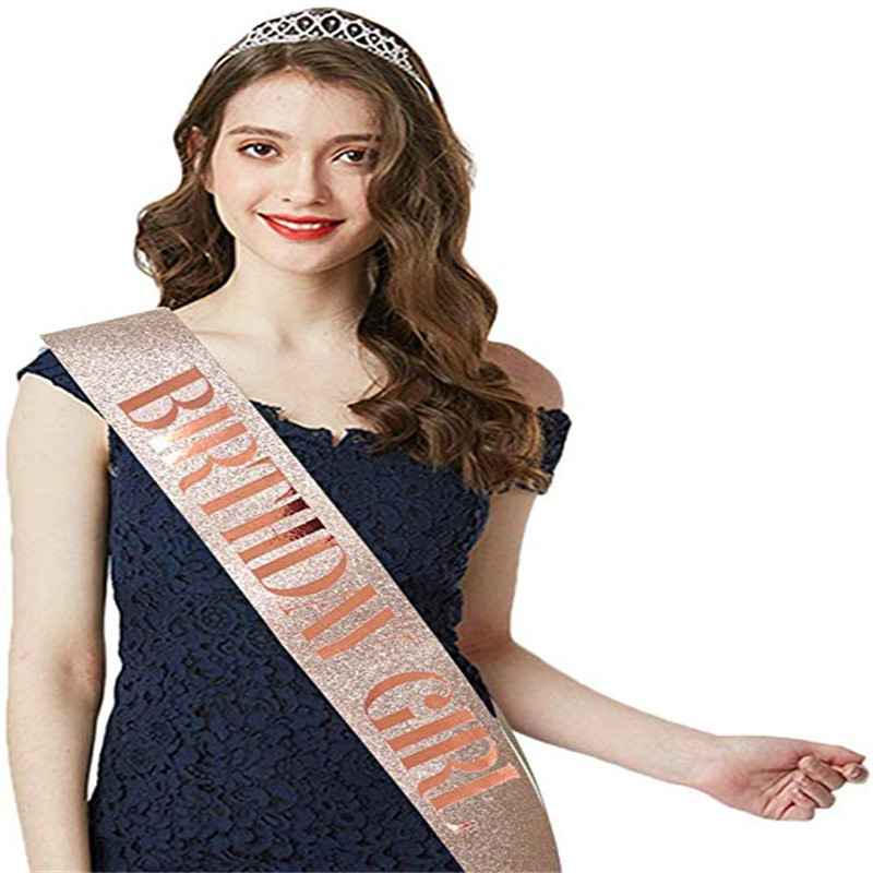 Hot Sale Birthday Party Shoulder Strap Set Birthday Girl Ceremony Band Crown Rose Gold Powder Cloth Shoulder Strap
