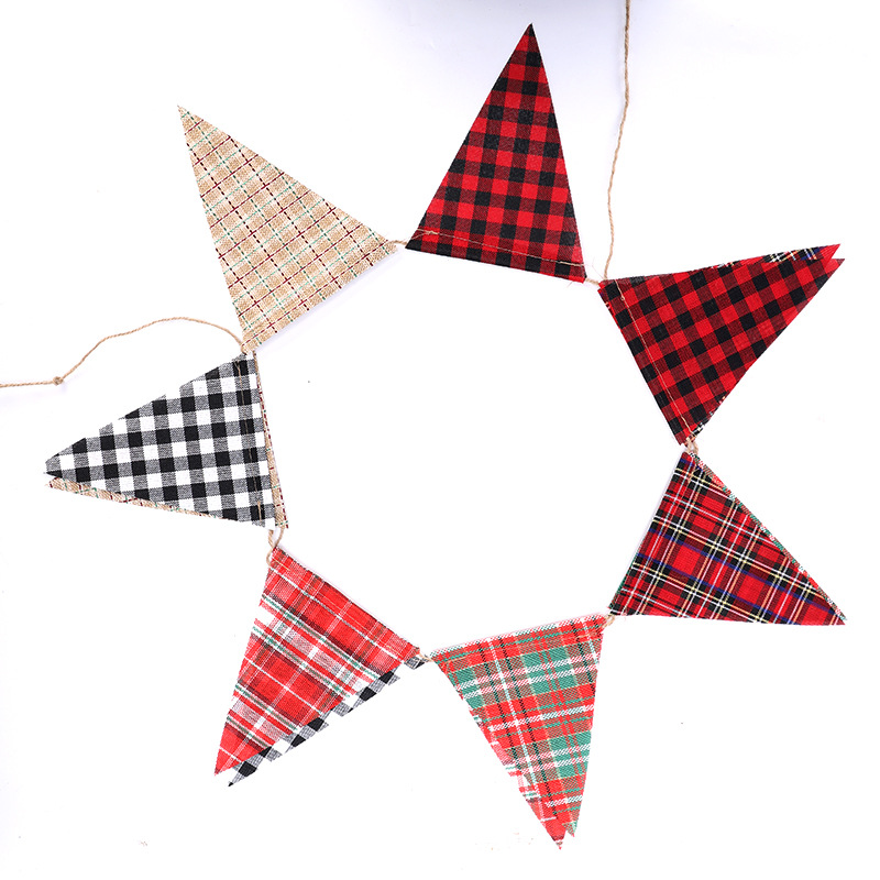 Triangle Flag Christmas Decoration Imitation Linen Checked Cloth Triangle Hanging Flag Cross-Border Hot Sale Spot
