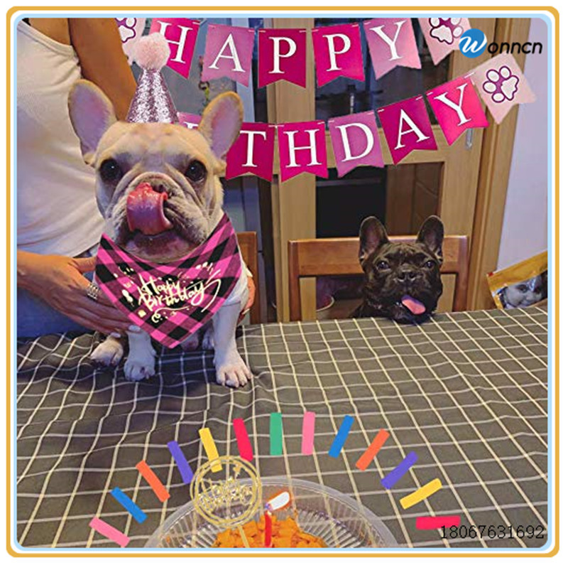 Pet Birthday Hanging Hanging Flag Pink Dog Footprints Triangular Baby Bibs Sequined Bow Tie Birthday Hat Cake Inserting Card Pet Birthday Hanging Hanging Flag Pink Dog Footprints Triangular Baby Bibs Sequined Bow Tie Birthday Hat Cake Inserting Card