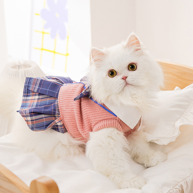 New Autumn and Winter Thickened Plaid Bow Tie Cat JK Dress Puppy Dog Dress Cat Spring Pet Dog Clothes