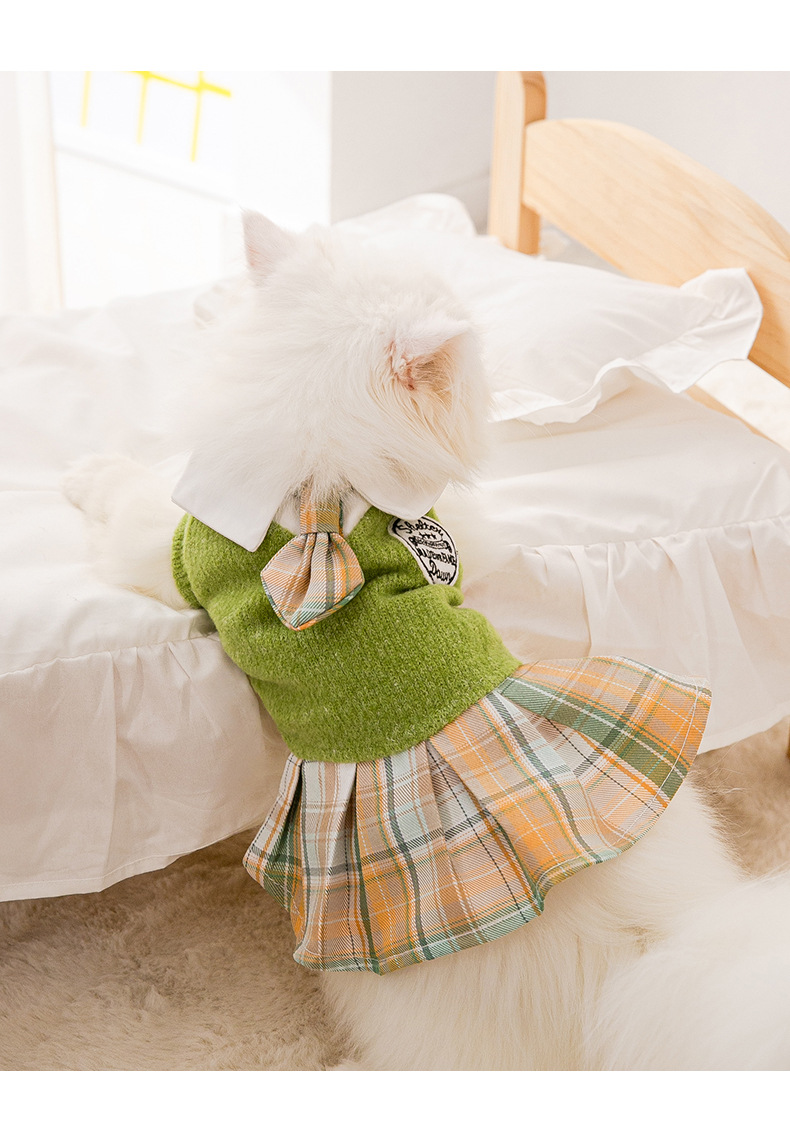 New Autumn and Winter Thickened Plaid Bow Tie Cat JK Dress Puppy Dog Dress Cat Spring Pet Dog Clothes